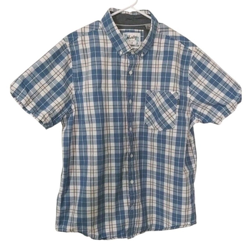 Hurley Mens XL Blue Plaid Slub Button Down Short Sleeve Shirt Casual Skater